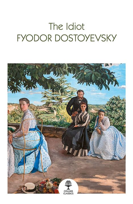 „The Idiot“ und „FYODOR DOSTOYEVSKY“. Illustration einer Szene mit vier Personen in einem Garten, umgeben von Bäumen.