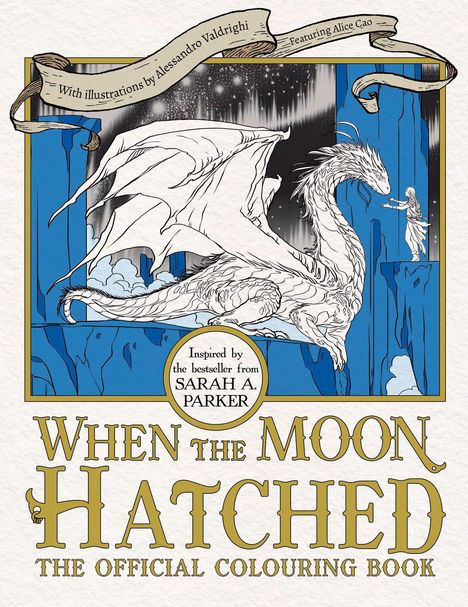 "WHEN THE MOON HATCHED" in Gold. Ein Drache vor einem Nachthimmel, gegenüber einer Person.