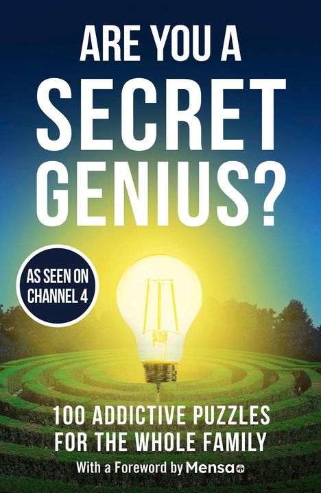 "Are you a secret genius?" und "100 addictive puzzles for the whole family." Eine Glühbirne in einem grünen Labyrinth.