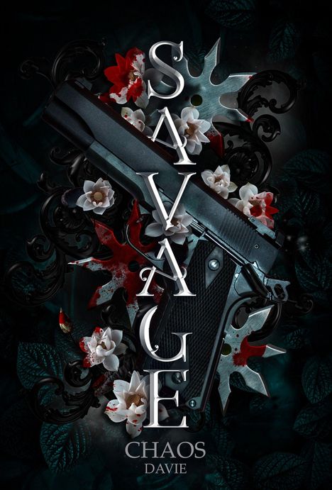Text: "SAVAGE CHAOS DAVIE". Zu sehen sind eine Pistole, Blumen und rot gefärbte Wurfsterne vor dunklem Hintergrund.
