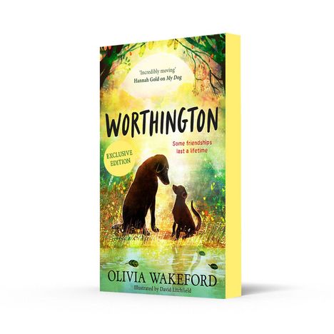 Buchcover mit "Worthington", zwei Hunde sitzen im Wald. Zitat von Hannah Gold, Gelb-Grün-Töne, Illustration von David Litchfield.