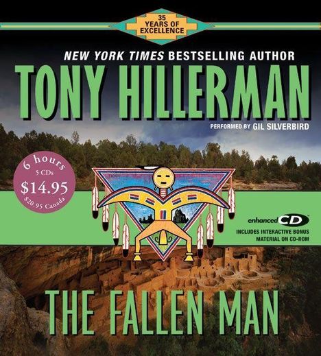 "New York Times Bestselling Author Tony Hillerman, The Fallen Man. Illustration eines bunten, geometrischen Musters."