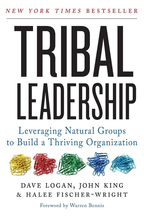 "NEW YORK TIMES BESTSELLER. Tribal Leadership: Leveraging Natural Groups to Build a Thriving Organization. Dave Logan, John King & Halee Fischer-Wright. Vorwort von Warren Bennis. Unten Büroklammer-Gruppen in Gelb, Rot, Grün, Blau."