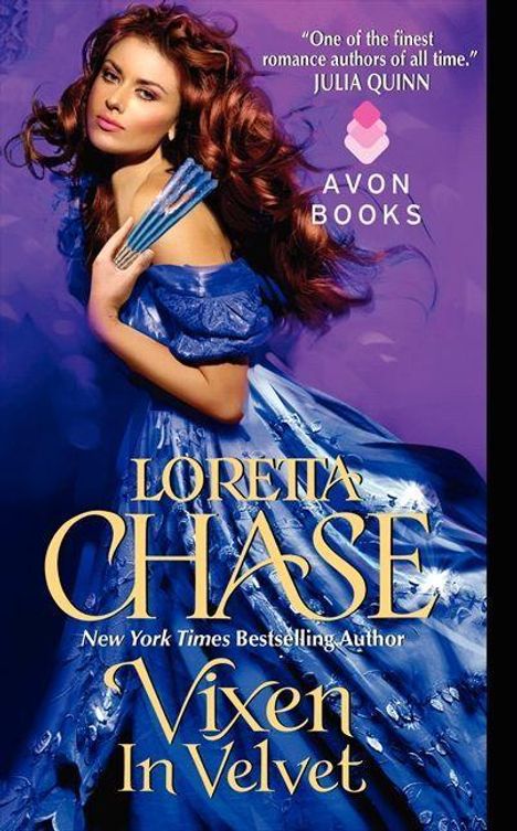 "Eine der besten Romance-Autoren aller Zeiten." AVON BOOKS. LORETTA CHASE: Vixen In Velvet. Frau in blauem Kleid mit Fächer.