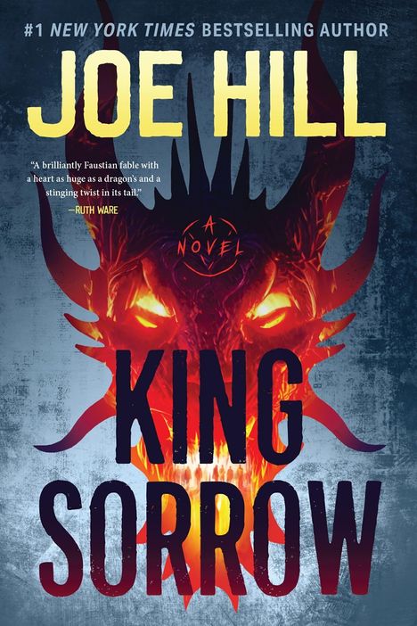 "JOE HILL, KING SORROW. Ein dämonisches Gesicht mit feurigen Augen als zentrales Motiv auf dunklem Hintergrund."
