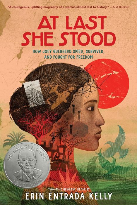 AT LAST SHE STOOD. Illustrationen zeigen eine Frau mit Landschaft, Vögeln und Projektionen in ihrem Profil.