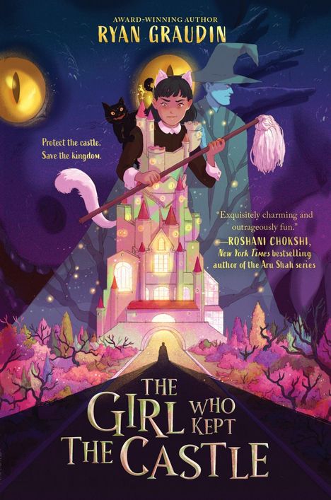 Texte: "RYAN GRAUDIN", "Protect the castle. Save the kingdom.", "THE GIRL WHO KEPT THE CASTLE". Eine Illustration mit einem Mädchen, Katze, Schloss.