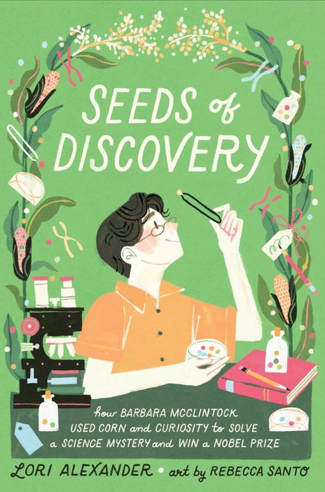 "SEEDS OF DISCOVERY" in verschnörkelter Schrift. Illustration: Person in orangem Hemd hält Pinzette, umgeben von Pflanzen und Laborgeräten.
