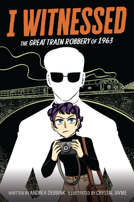Illustration: "I Witnessed: The Great Train Robbery of 1963". Ein Mann mit Sonnenbrille; davor Person mit Kamera.