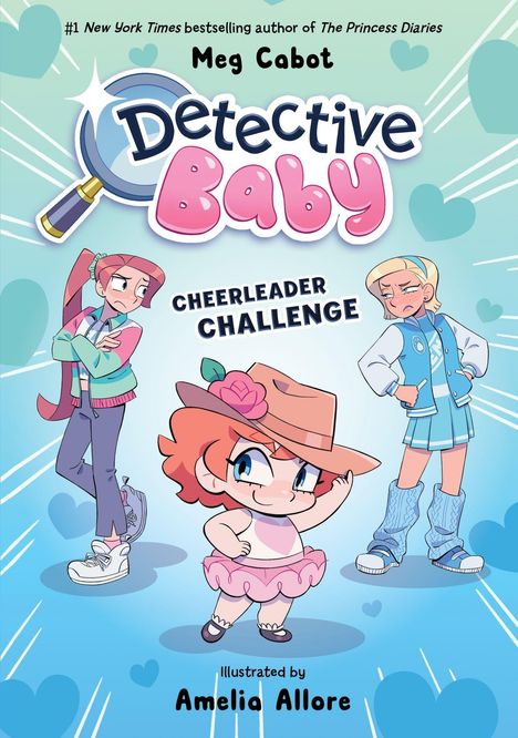 Titel: "Detective Baby: Cheerleader Challenge". Illustration von drei Cartoon-Mädchen, eines mit Detektivkleidung.