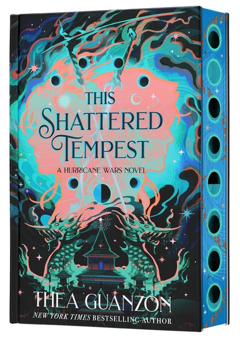 "This Shattered Tempest: A Hurricane Wars Novel" von Thea Guanzon. Buntes, verspieltes Cover mit Drachen und Tempel.