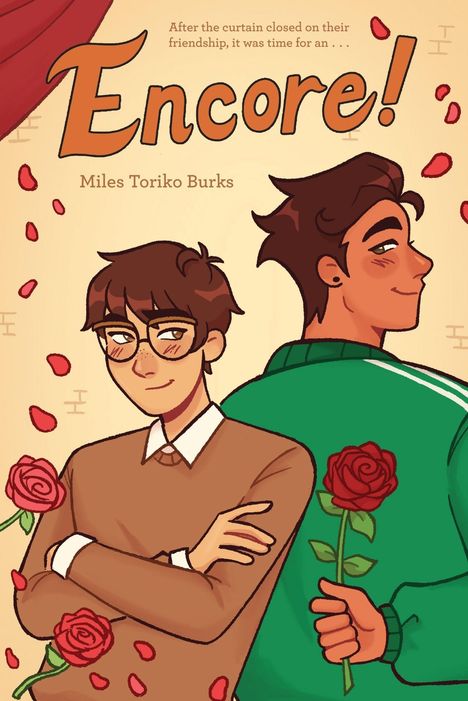 "Encore!" steht groß mittig; zwei Personen Rücken an Rücken, umgeben von Rosen und Blütenblättern.
