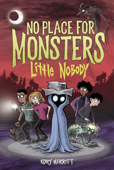 Text: "No Place for Monsters: Little Nobody". Illustration: Vier Kinder und ein schemenhaftes Wesen stehen vor einer bedrohlichen Kulisse.