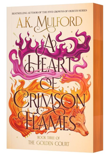 Buchtitel: "A Heart of Crimson Flames" von A.K. Mulford. Flammenillustration mit Fuchs und prägnanten Schriftzügen.
