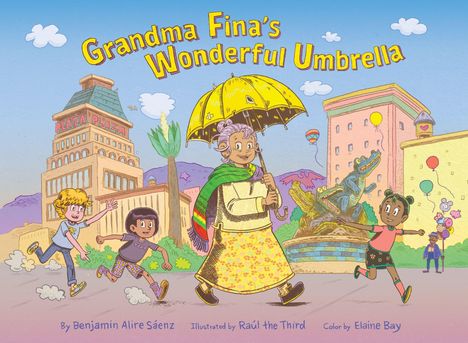"Grandma Fina's Wonderful Umbrella." Eine fröhliche Oma spaziert unter einem gelben Schirm mit drei fröhlichen Kindern durch die Stadt.