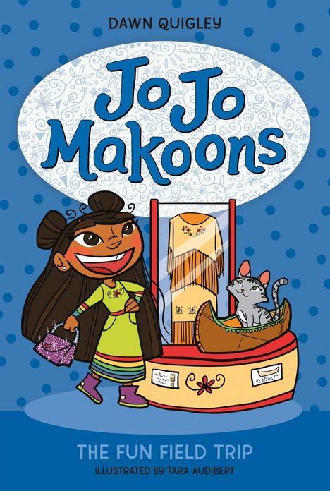 "Jo Jo Makoons," "The Fun Field Trip." Illustration: Mädchen mit Kleid, Katze im Kanu, blauer Hintergrund.