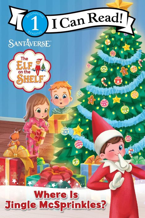 Text oben: "I Can Read!"; unten: "Where Is Jingle McSprinkles?". Illustration mit Tannenbaum und Elf.