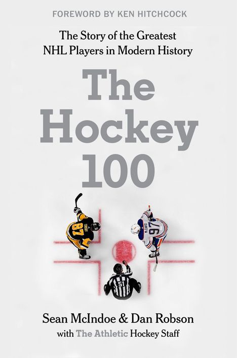 Der Text beschreibt "The Hockey 100", ein Buch über die größten NHL-Spieler, mit Vorwort von Ken Hitchcock. Darunter stehen zwei Spieler und ein Schiedsrichter auf dem Eis.