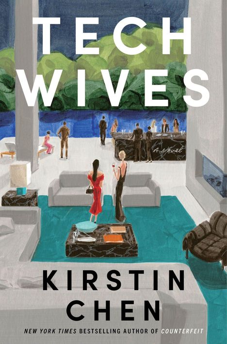 „TECH WIVES“ und „KIRSTIN CHEN“. Illustration: Menschen bei elegantem Event mit Blick auf einen Pool und grüne Landschaft.