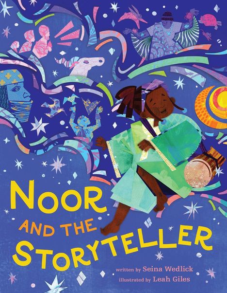 "Noor and the Storyteller" in gelber Schrift. Farbenfrohe Illustration mit Menschen, Mustern und Sternen auf blauem Hintergrund.