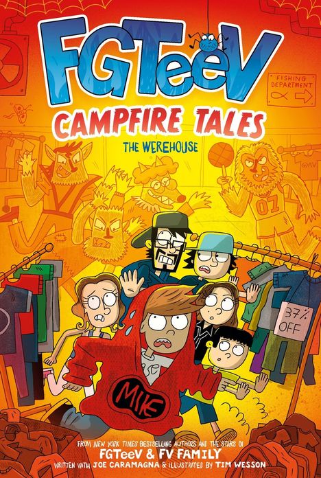 "FGTeeV Campfire Tales: The Werehouse" steht oben. Illustration von Figuren in Angst vor Werwölfen, Kleidung im Hintergrund.