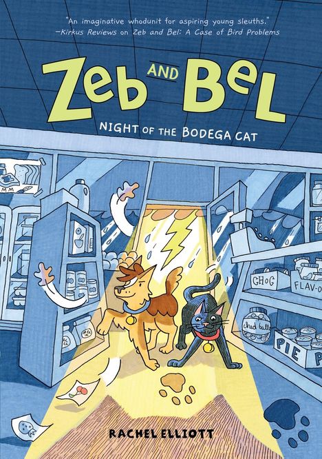 „Zeb and Bel: Night of the Bodega Cat“. Eine Illustration zeigt einen Hund und eine Katze in einem hellen Lichtkegel.