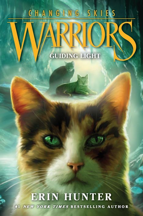 "Changing Skies: Warriors, Guiding Light" und "Erin Hunter". Eine Illustration einer Katze mit auffälligen grünen Augen.