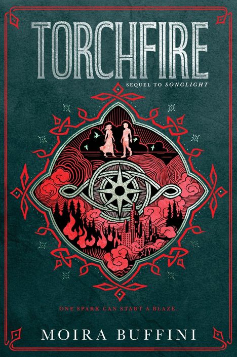 "Torchfire", "Sequel to Songlight", "One spark can start a blaze", "Moira Buffini". Illustration zeigt eine mystische Szenerie.