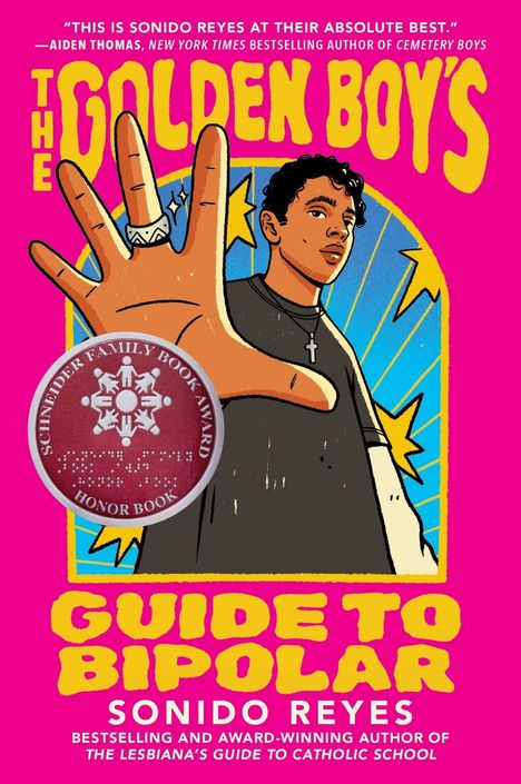 "THE GOLDEN BOY'S GUIDE TO BIPOLAR" von Sonido Reyes. Illustration: Junge mit erhobener Hand, Kreuzkette und Sternen.