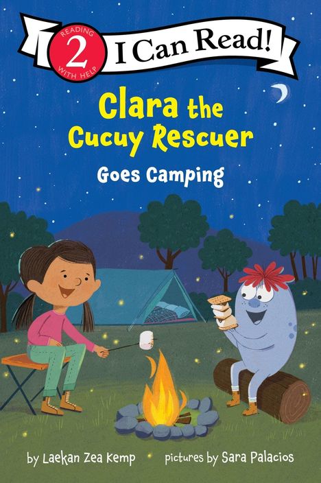 Text: "Clara the Cucuy Rescuer Goes Camping." Illustration: Ein Mädchen und eine Kreatur sitzen am Lagerfeuer mit Zelt im Hintergrund.