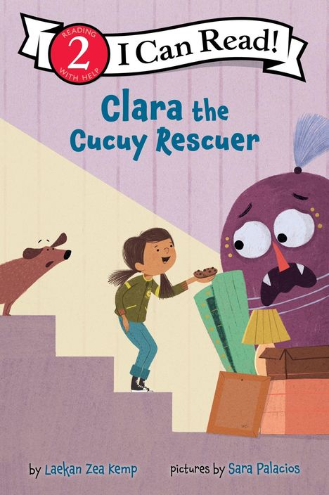 "Clara the Cucuy Rescuer" steht im Zentrum. Ein Mädchen bietet einem großen, ängstlichen Monster Kekse an.