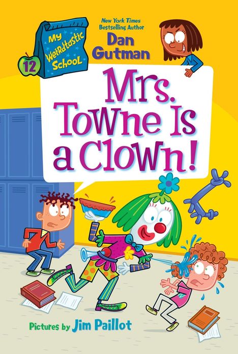 „Mrs. Towne Is a Clown!“ in großen, bunten Buchstaben. Ein Clown spritzt Wasser auf ein Kind.