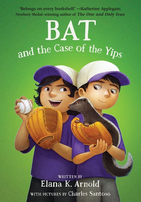 „BAT and the Case of the Yips“. Zwei Kinder in Baseballuniformen lachen, halten Handschuhe. Ein Stinktier sitzt in einem Handschuh.
