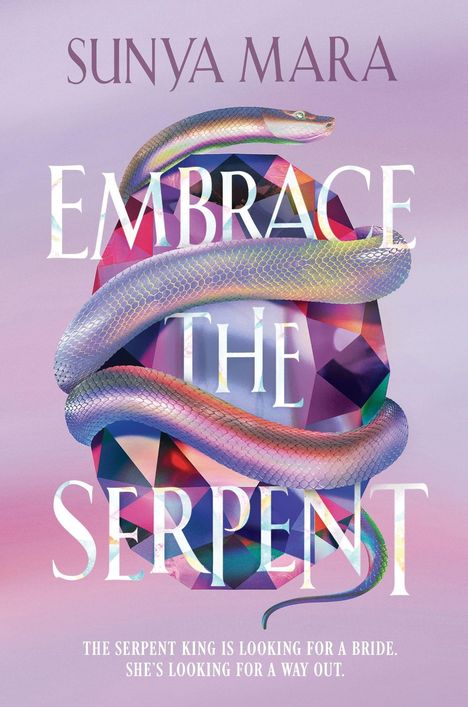 Text: "EMBRACE THE SERPENT". Eine schillernde Schlange windet sich um einen facettierten Edelstein in Pastellfarben.