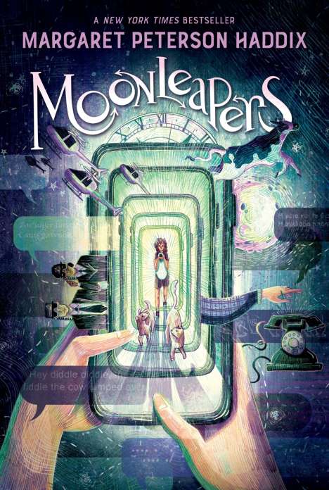 "New York Times Bestseller", "Margaret Peterson Haddix", "Moonlighters". Fantasiewelt, Kind, das in ein Portal blickt.