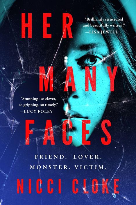 „HER MANY FACES“ von Nicci Cloke. Zitate von Lisa Jewell und Lucy Foley. Überlagertes Gesicht mit Blau- und Rottönen.