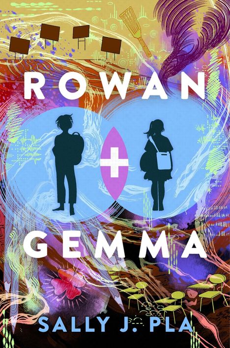 "ROWAN + GEMMA" in großer Schrift, darunter "SALLY J. PLA". Illustration mit Silhouetten eines Jungen und eines Mädchens.