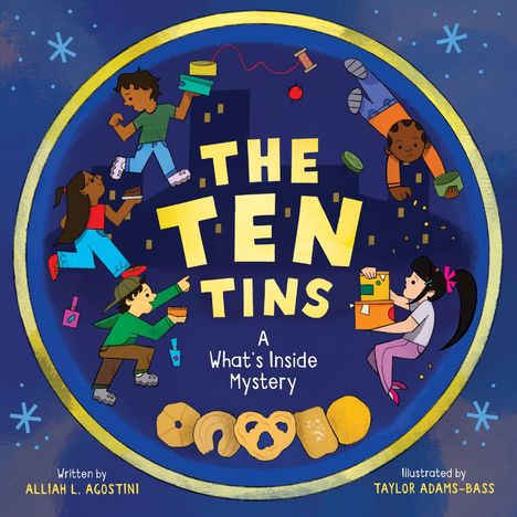 "The Ten Tins: A What's Inside Mystery." Kinder, Kekse und Spielsachen umrahmen den Titel.