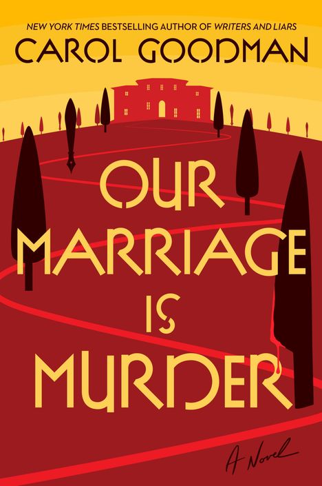 „OUR MARRIAGE IS MURDER“ in großen Buchstaben. Illustration eines roten Hauses und Bäumen vor gelbem Hintergrund.