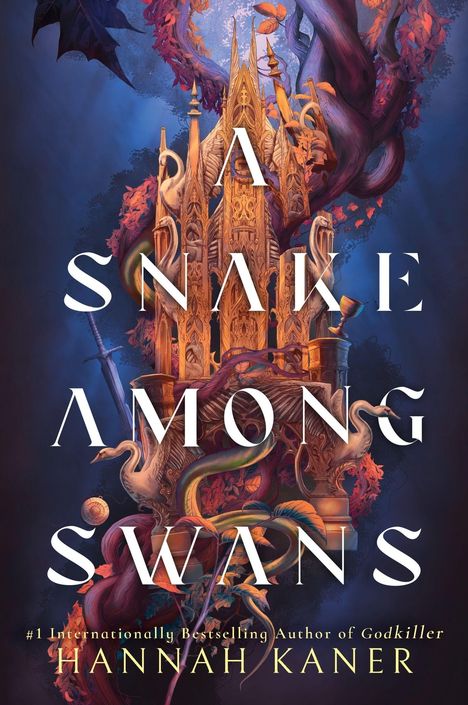Text: "A Snake Among Swans" von Hannah Kaner. Detailreiche Illustration eines gotischen Turms, umgeben von Schlangen und Schwänen.