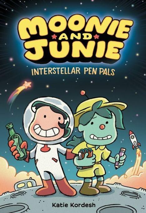 "Moonie and Junie: Interstellar Pen Pals", Illustration von zwei Cartoon-Figuren in Weltraumkulisse. Autor: Katie Kordesh.