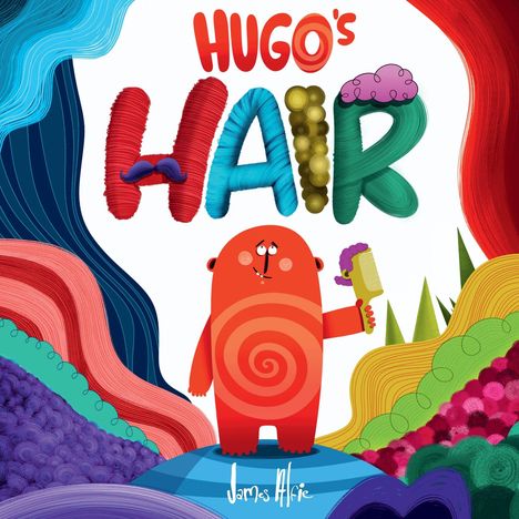 „HUGO's HAIR“ in bunten, kreativen Buchstaben. Ein rotes, fröhliches Wesen hält eine Bürste, umgeben von farbigen Mustern.