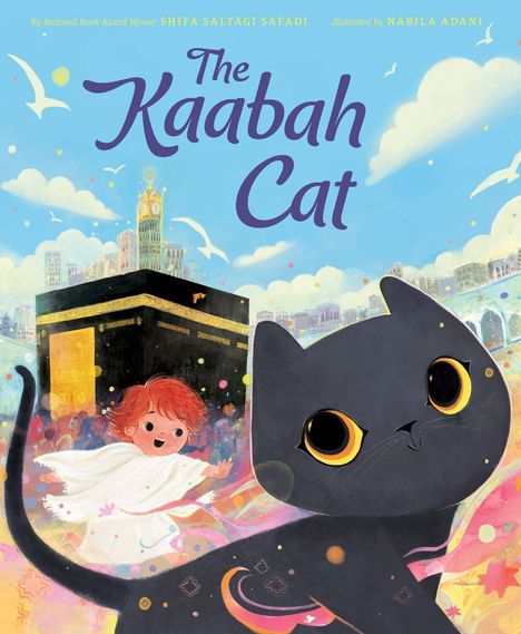 Text: "The Kaabah Cat". Illustration einer großen schwarzen Katze mit gelben Augen vor der Kaaba und einem fröhlichen Kind.