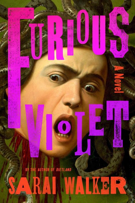 Text: "FURIOUS VIOLET A Novel by the author of Dietland SARAI WALKER." 
Medusenhaupt: Mensch mit Schlangenhaar, erschrocken.