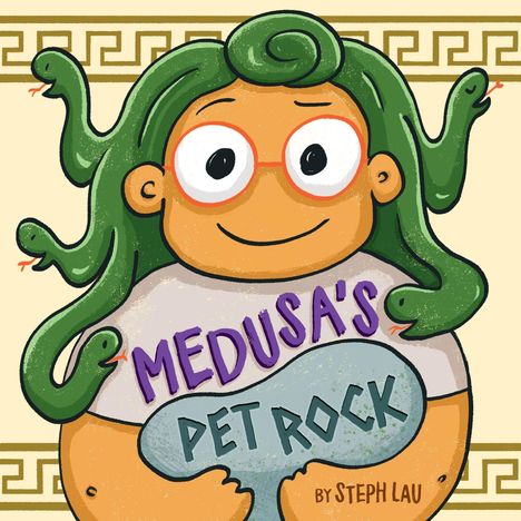 „Medusa's Pet Rock“ steht in großen Buchstaben. Ein Kind mit Brille und Schlangen als Haare hält einen Stein.