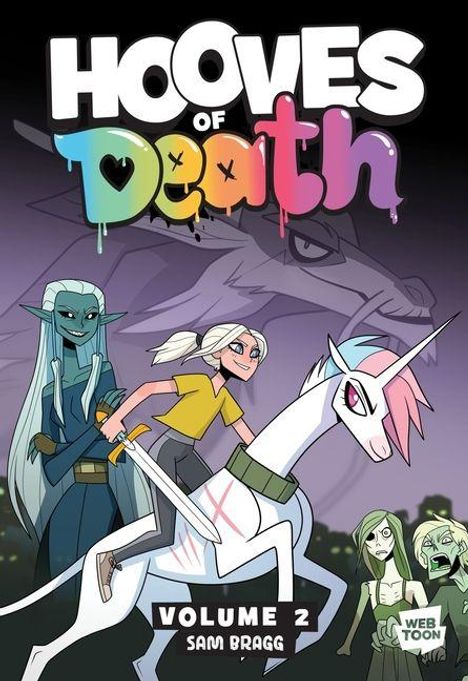 "HOOVES OF DEATH", "VOLUME 2", "SAM BRAGG". Eine Person auf einem Einhorn, daneben eine Gestalt mit spitzen Ohren.