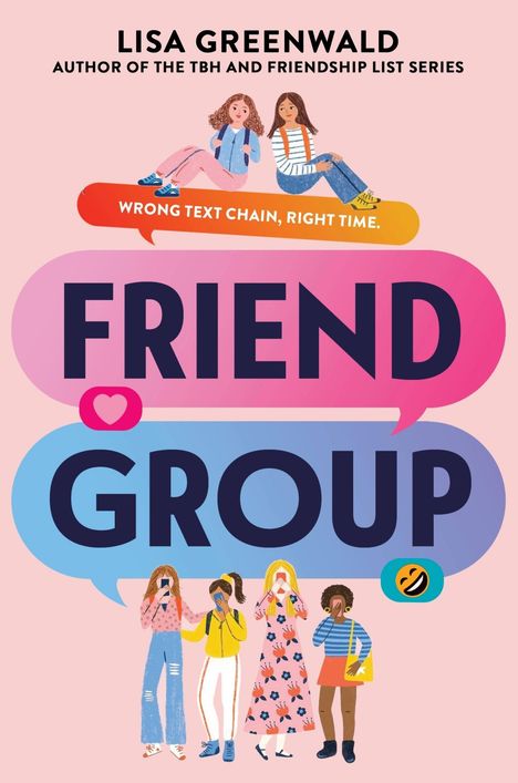Titel: FRIEND GROUP. Oben: "Wrong Text Chain, Right Time." Fünf stilisierte Personen mit Smartphones darunter.