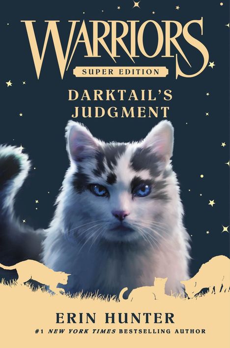 "WARRIORS SUPER EDITION: DARKTAIL'S JUDGMENT von ERIN HUNTER" zeigt eine Illustration mit einem großen, grau-weißen Katzenkopf.