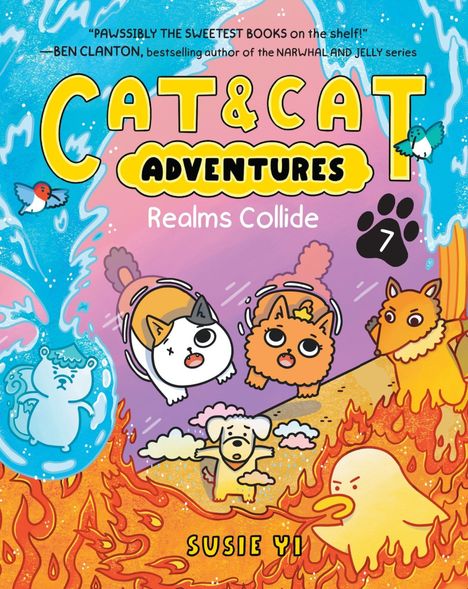 „Cat & Cat Adventures: Realms Collide“, Comic-Stil, Katzen und Tiere in einem fantastischen, farbenfrohen Setting.