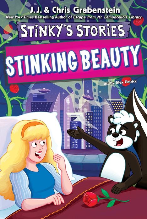 Titel: "Stinky's Stories: Stinking Beauty". Ein Stinktier zeigt auf ein Mädchen mit blonden Haaren und einem roten Bett.